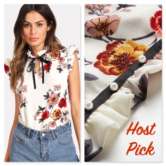 Rouge! Tops - Pearl Embellished Frill Trim Tie Floral Top White